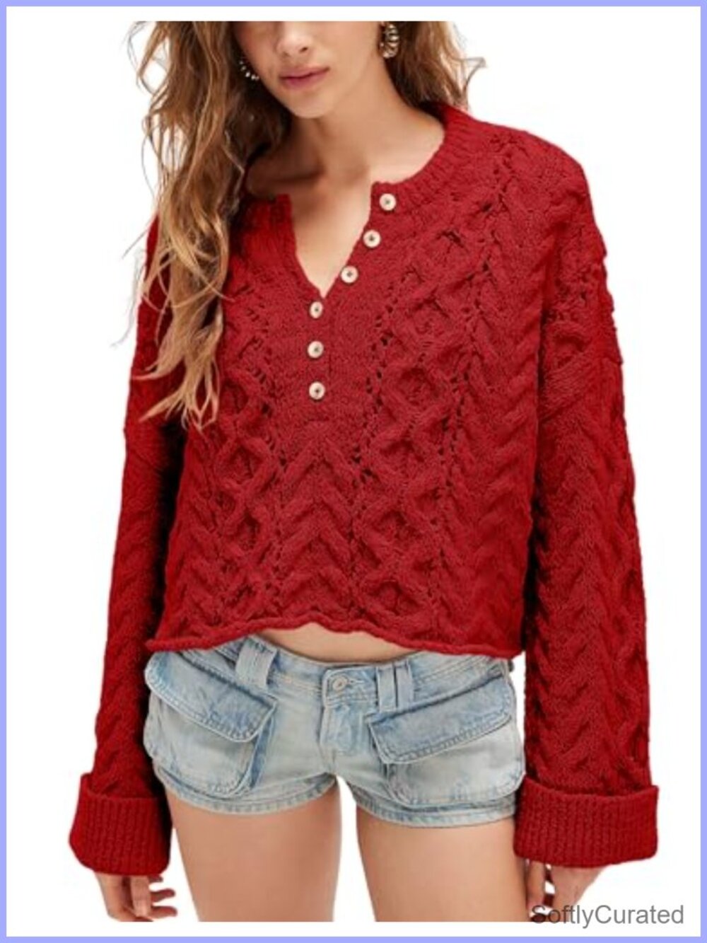 Lentta Womens Chunky Cable Knit Sweater Crewneck Long Sleeve Half Button